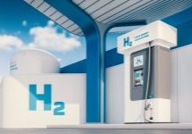 Concept of modern blue and white hydrogen (H2) refueling station in summer afternoon with blurred city in background. 3d rendering.